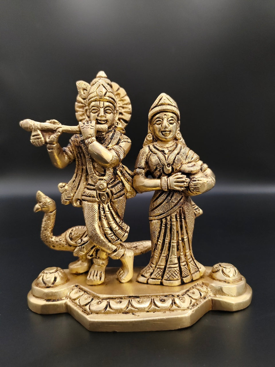 Radhe Krishna with Peacock on Peedam – Divine Brass Sculpture