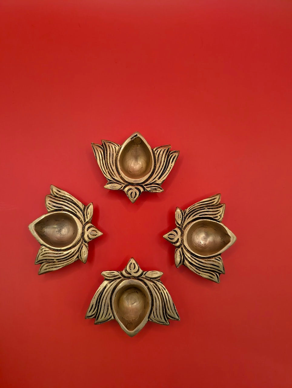 Set of 4 Brass Lotus Diyas – Elegant Light for Prayer and Decor