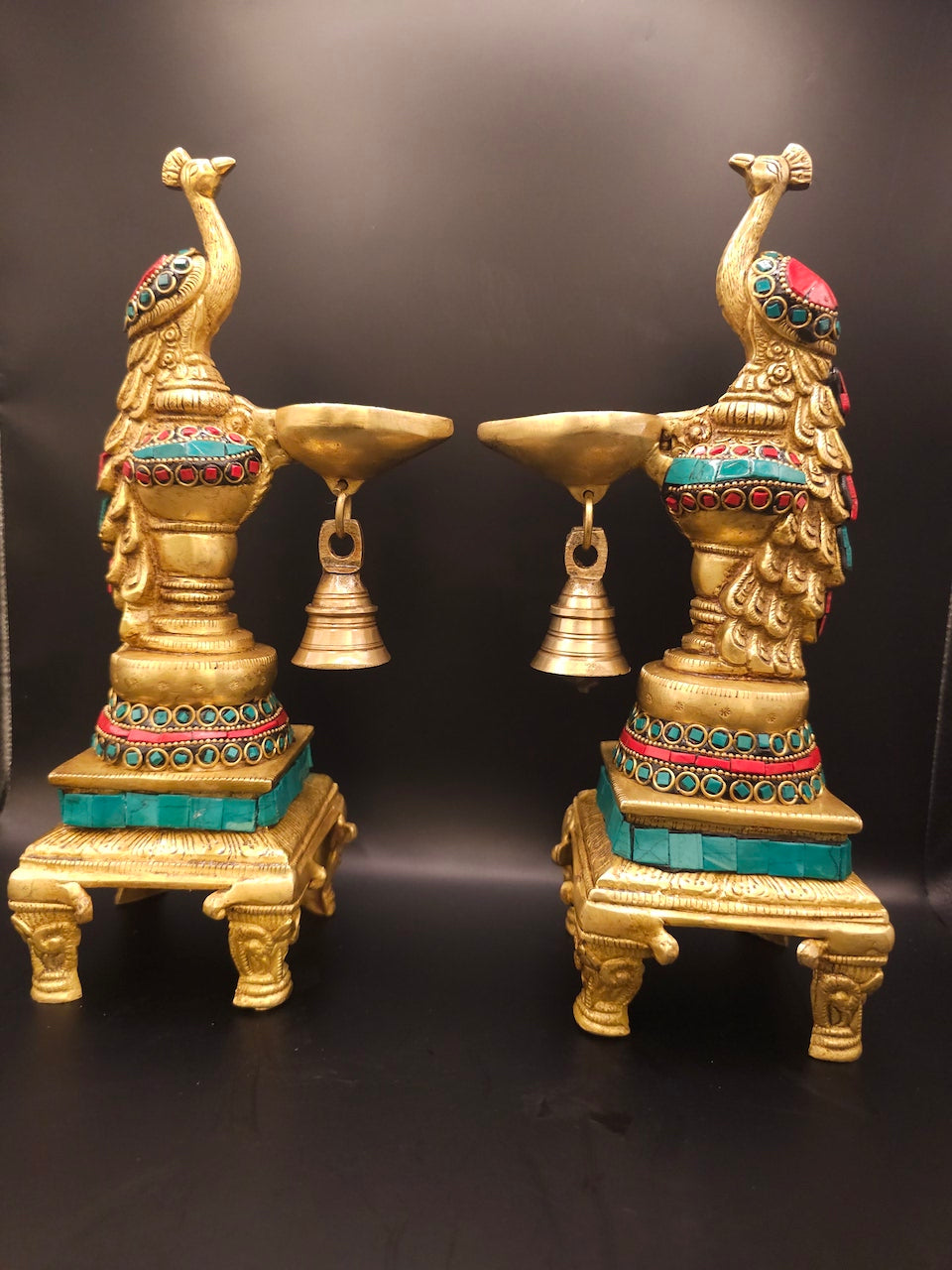 2 Piece Brass Peacock Diya with Bell on Peedam – Elegant Lighting Deco