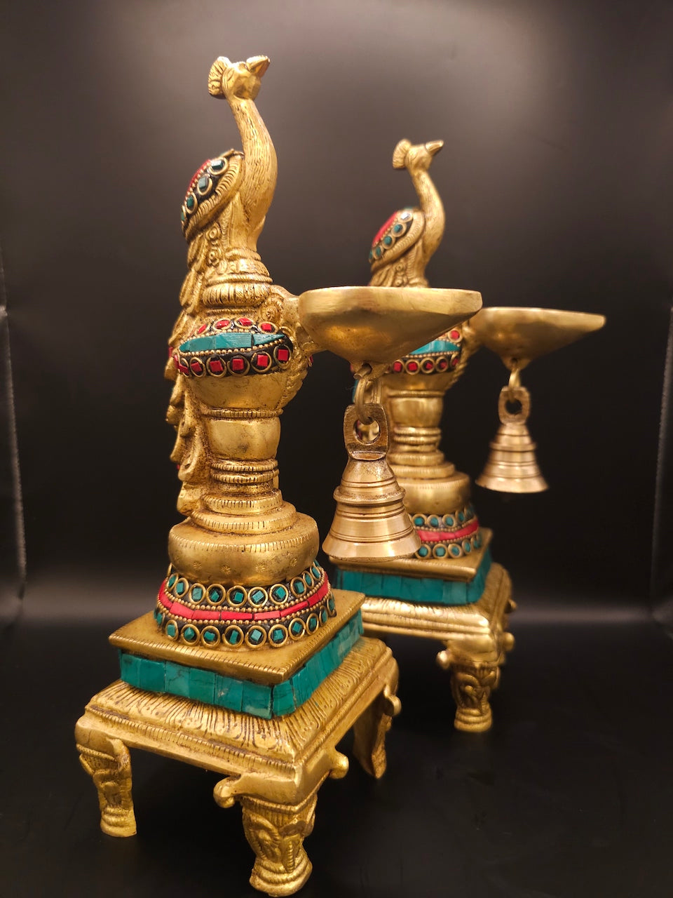 2 Piece Brass Peacock Diya with Bell on Peedam – Elegant Lighting Deco