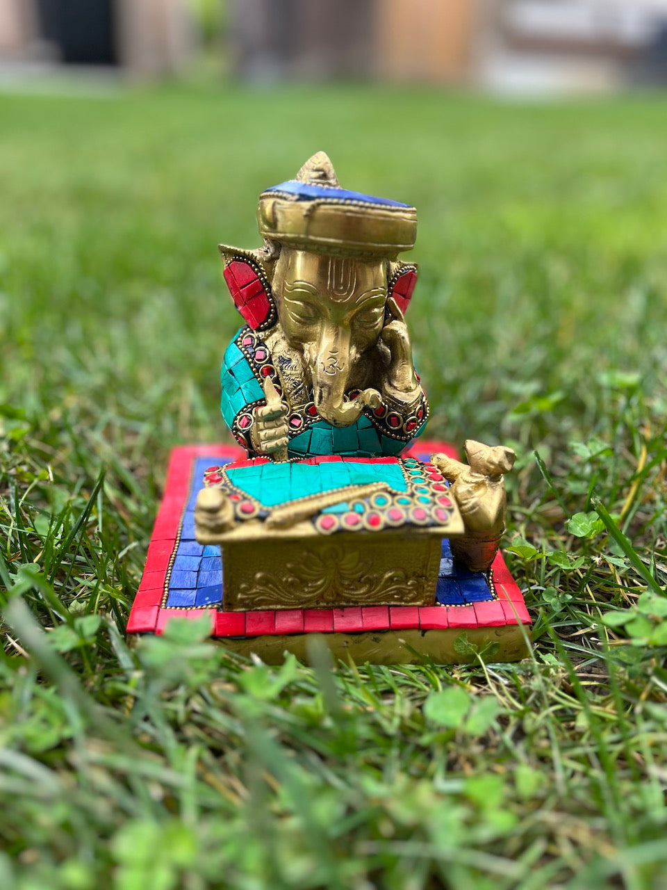 Brass Ganesha Idol with Colorful Stonework and Mosaic Inlay