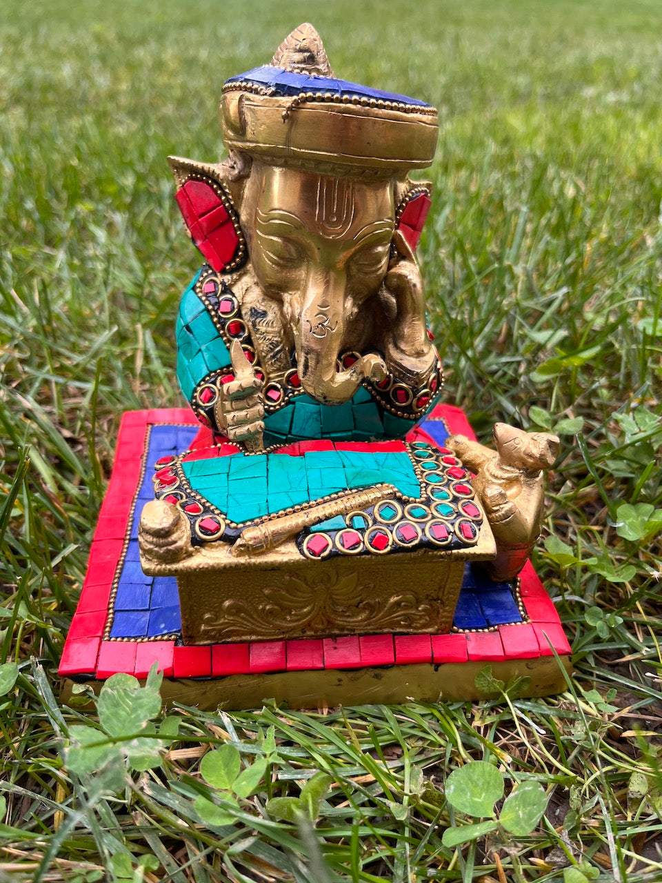 Brass Ganesha Idol with Colorful Stonework and Mosaic Inlay