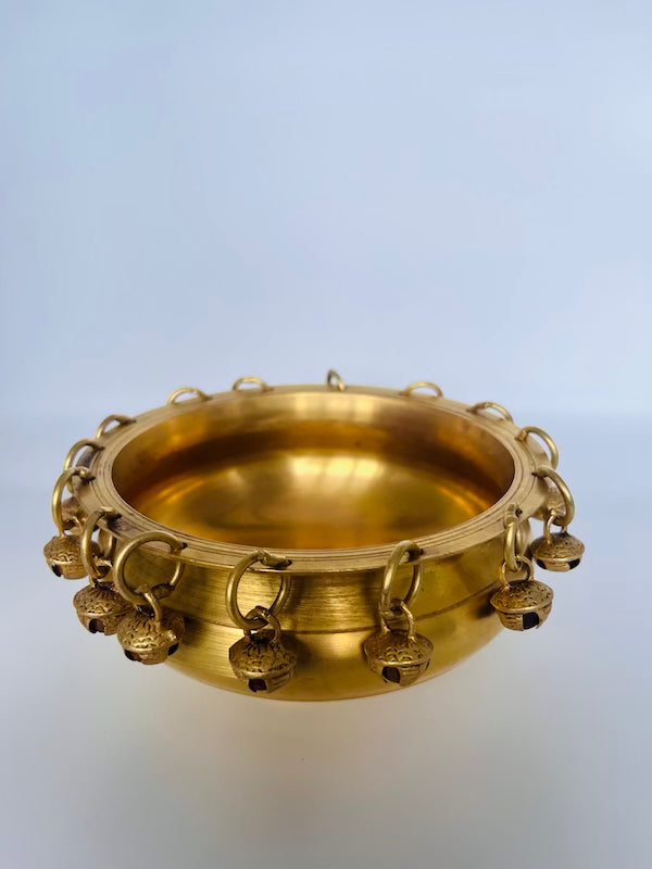 Small Antique Brass Uruli with Hanging Bells – Handcrafted Decorative Bowl for Home Decor, Floating Flowers & Festivals