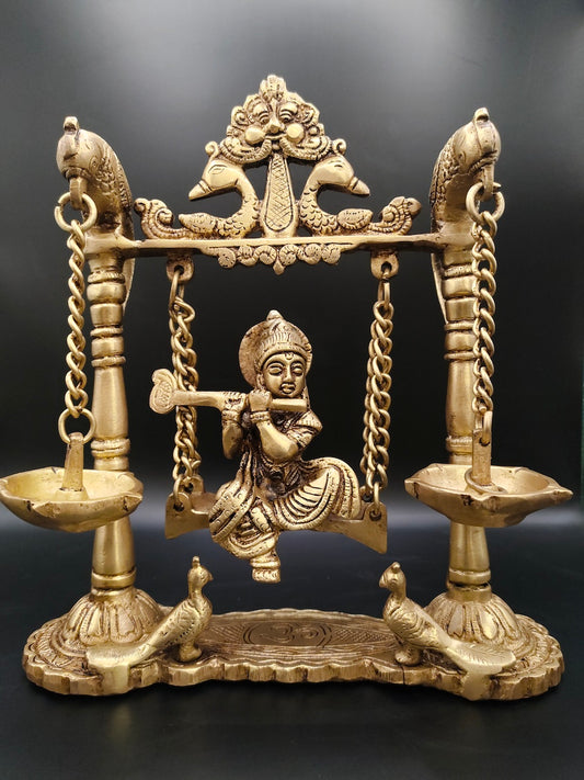 Krishna with Diya and Peacock – Divine / Decorative Sculpture