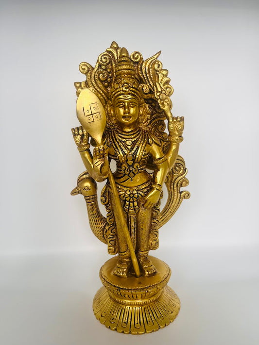 Ornate Brass Lord Murugan Statue with Peacock & Vel – Handcrafted Kartikeya Idol for Home Mandir, Entrance & Spiritual Decor