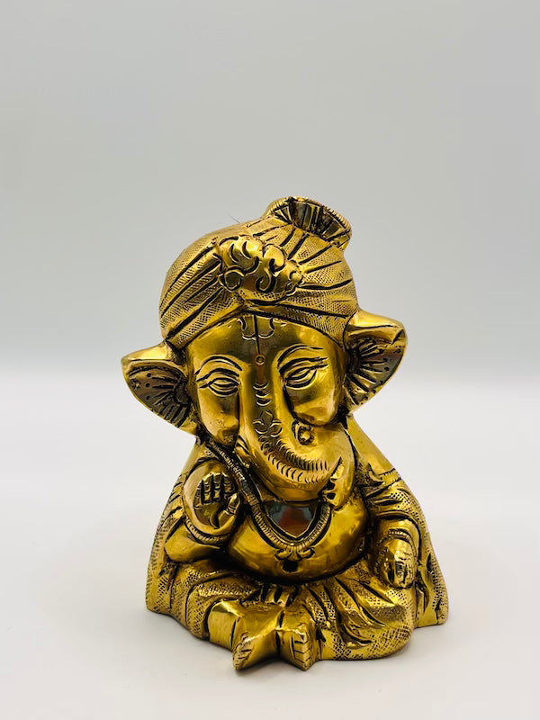 Small Antique Brass Pagdi Ganesha Statue – Handcrafted Ganpati Idol with Turban for Home Mandir & Office Decor