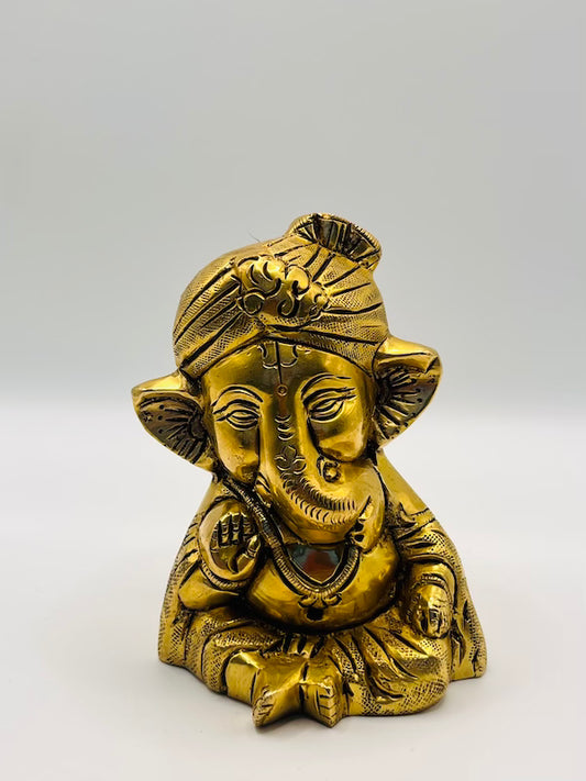 Small Antique Brass Pagdi Ganesha Statue – Handcrafted Ganpati Idol with Turban for Home Mandir & Office Decor