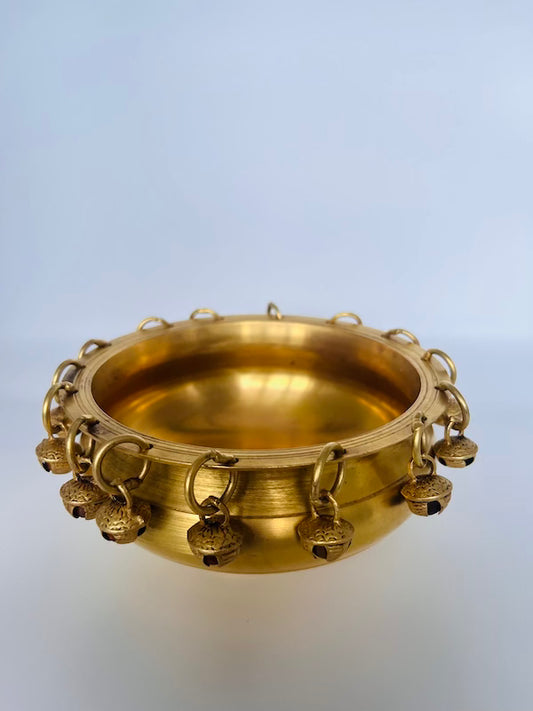 Small Antique Brass Uruli with Hanging Bells – Handcrafted Decorative Bowl for Home Decor, Floating Flowers & Festivals