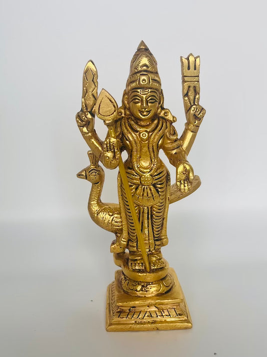 Small Antique Brass Lord Murugan Statue – Handcrafted Kartikeya Idol with Peacock & Vel for Home Mandir & Spiritual Decor